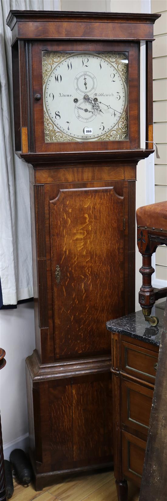 An early 19th century oak and mahogany eight-day longcase clock, Adams, Middlewich W.58cm